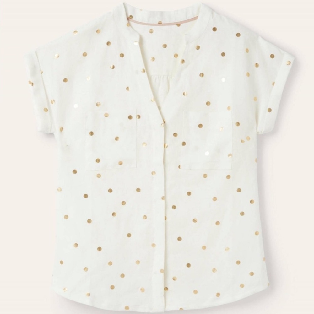 BODEN evie linen polka dot button front shirt white gold plus size 20/22
